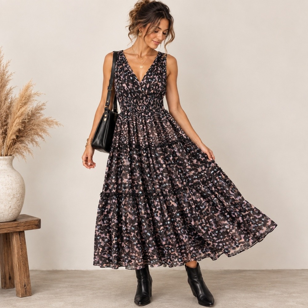 Rebecca Taylor Silk Blend Velvet Burnout Tiered Maxi Dress Women 2 Smocked Boho